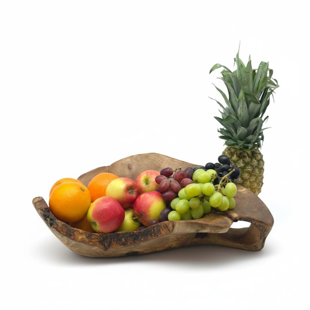 Hand-Carved Olive Wood Fruit Basket | Rustic Centrepiece | 45×28×15 cm
