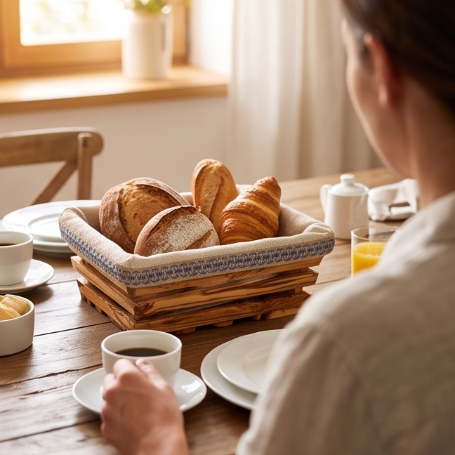 Hand-Carved Olive Wood Bread Basket with Removable Fabric Liner | Rustic Tray