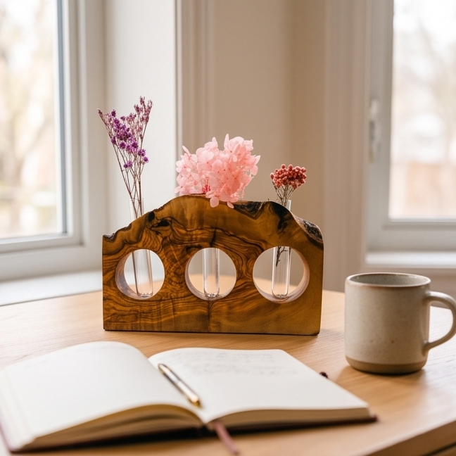 Rustic Olive Wood Propagation Vase | Desktop Plant Tube Vase