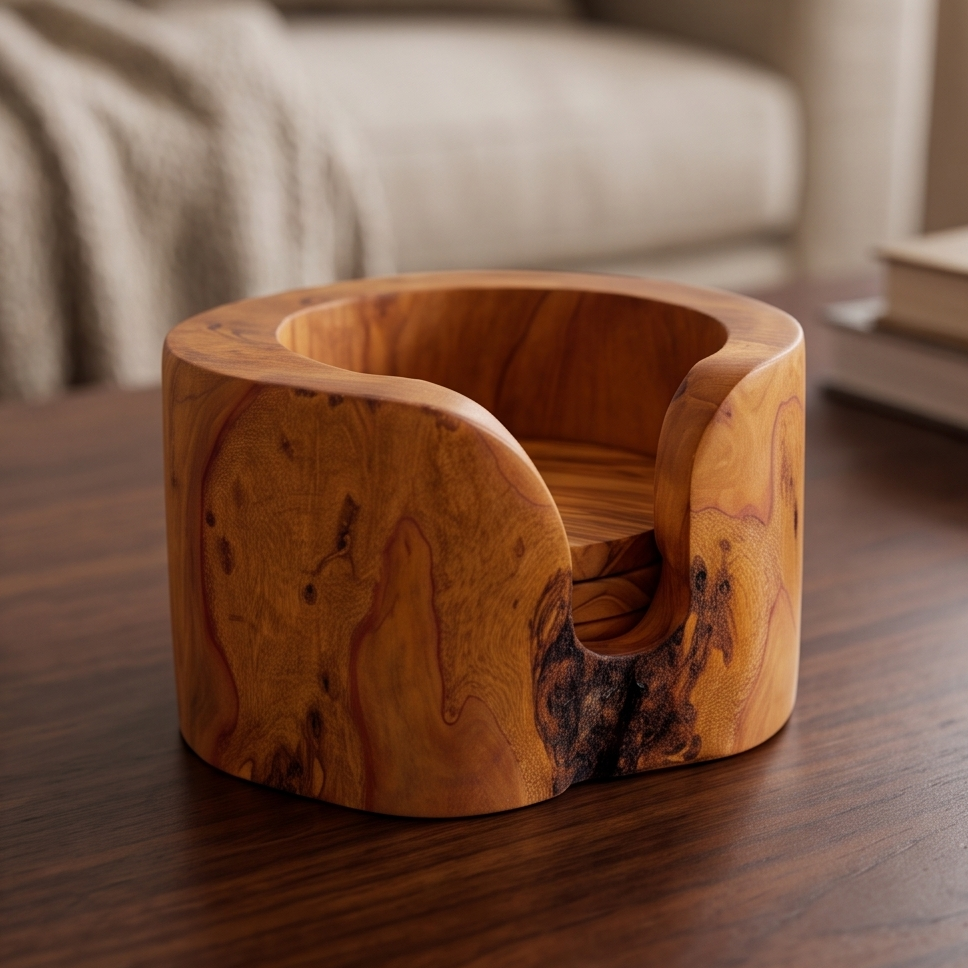 Handcrafted Olive Wood Coaster Set - Rustic Round Drink Coasters with Holder