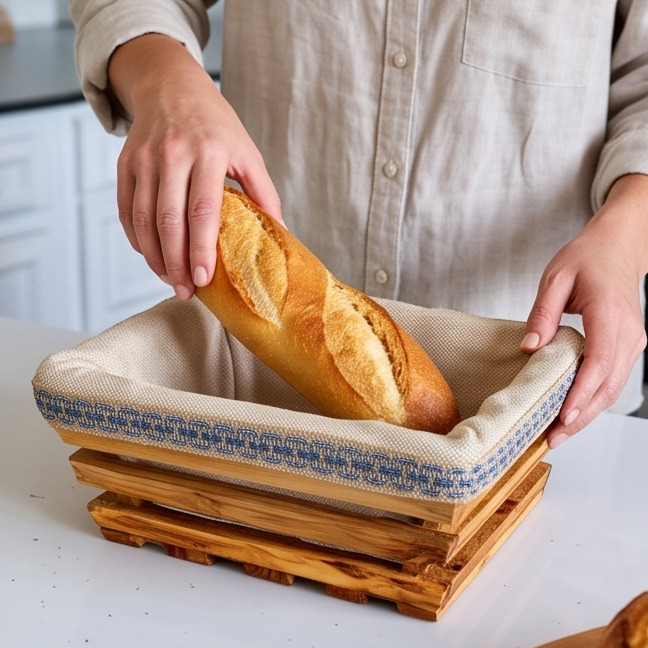 Hand-Carved Olive Wood Bread Basket with Removable Fabric Liner | Rustic Tray