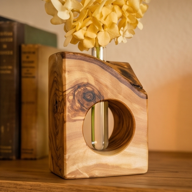 Rustic Olive Wood Propagation Vase | Desktop Plant Tube Vase