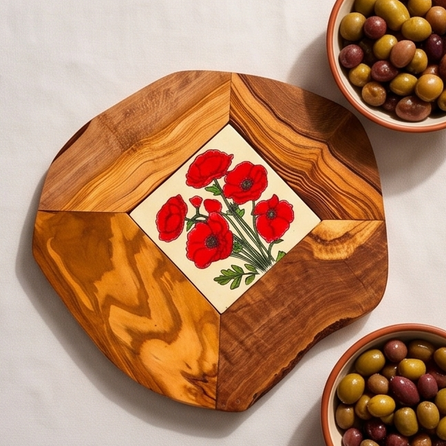 Small Rustic Olive Wood Ceramic Restaurant Serving Tray