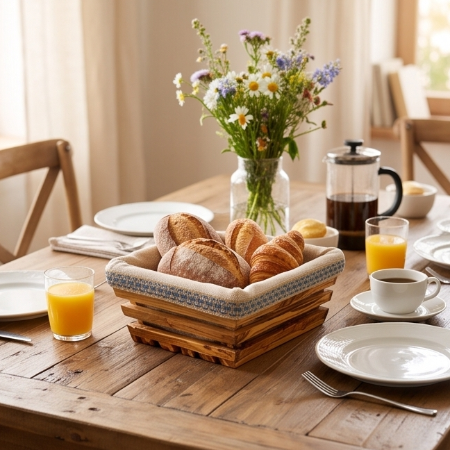 Hand-Carved Olive Wood Bread Basket with Removable Fabric Liner | Rustic Tray