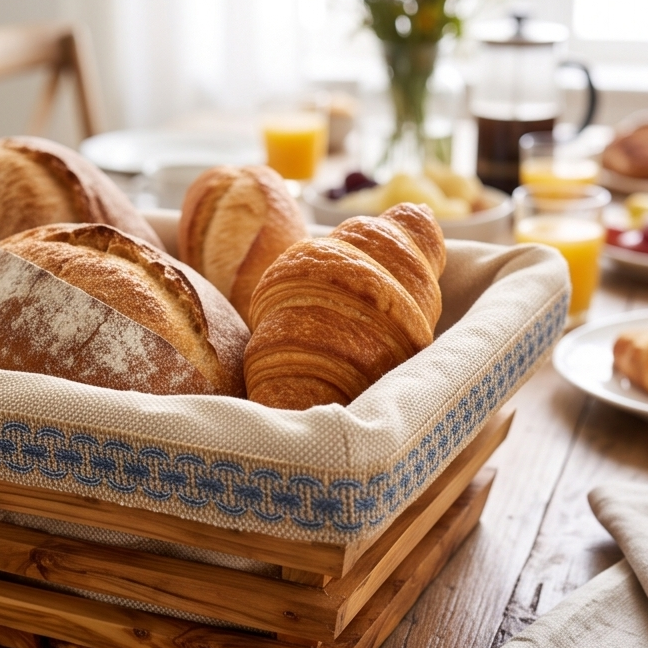 Hand-Carved Olive Wood Bread Basket with Removable Fabric Liner | Rustic Tray