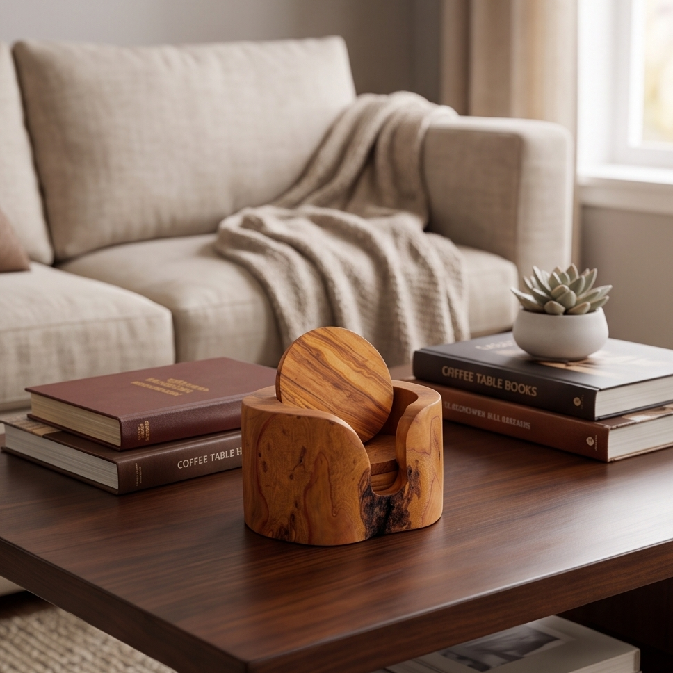 Handcrafted Olive Wood Coaster Set - Rustic Round Drink Coasters with Holder
