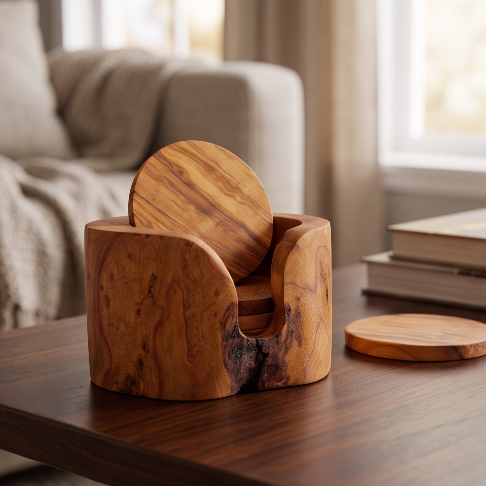 Handcrafted Olive Wood Coaster Set - Rustic Round Drink Coasters with Holder