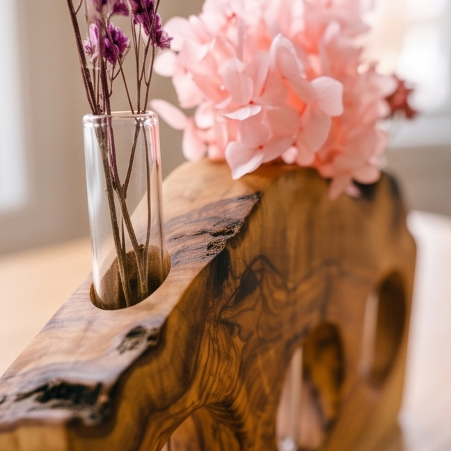 Rustic Olive Wood Propagation Vase | Desktop Plant Tube Vase