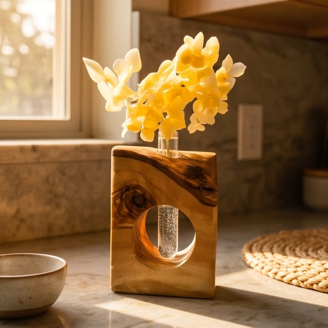 Rustic Olive Wood Propagation Vase | Desktop Plant Tube Vase