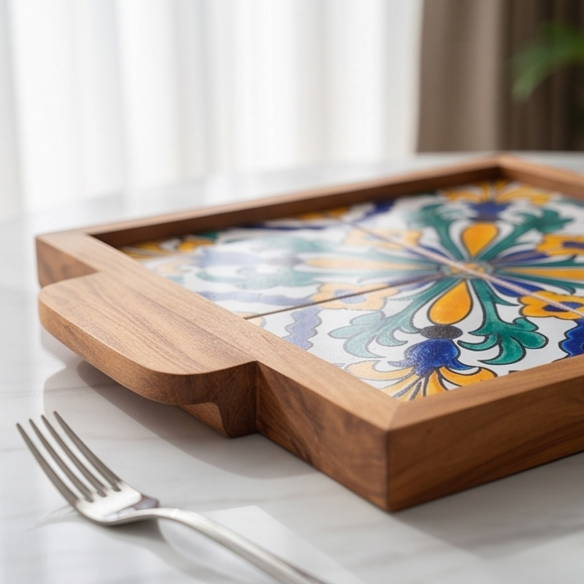 Square Olive Wood Ceramic Tray with Handle 20cm * 20cm