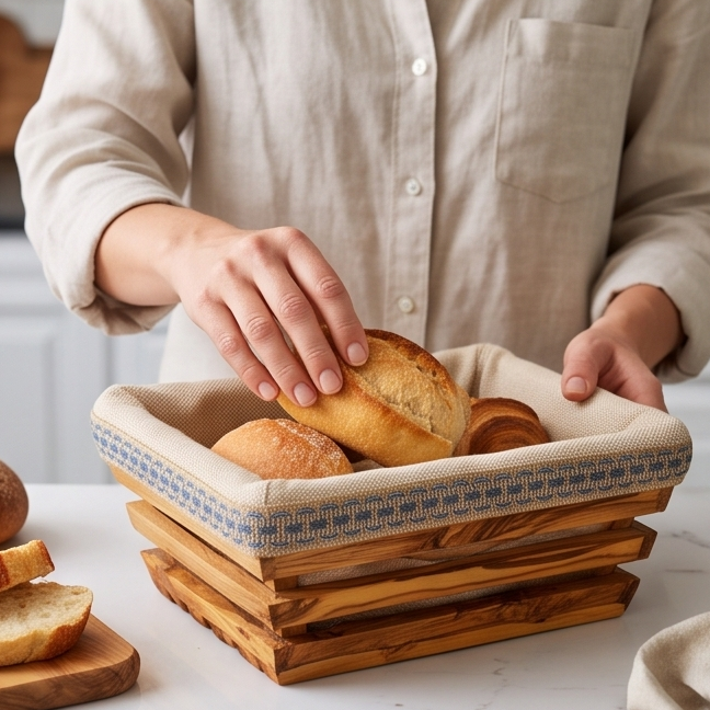 Hand-Carved Olive Wood Bread Basket with Removable Fabric Liner | Rustic Tray