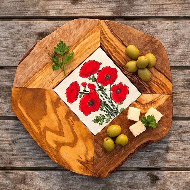 Small Rustic Olive Wood Ceramic Restaurant Serving Tray