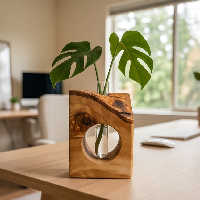 Rustic Olive Wood Propagation Vase | Desktop Plant Tube Vase