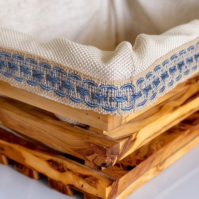 Hand-Carved Olive Wood Bread Basket with Removable Fabric Liner | Rustic Tray