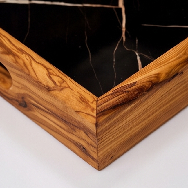 Rectangular Olive Wood Ceramic Tray with Handle