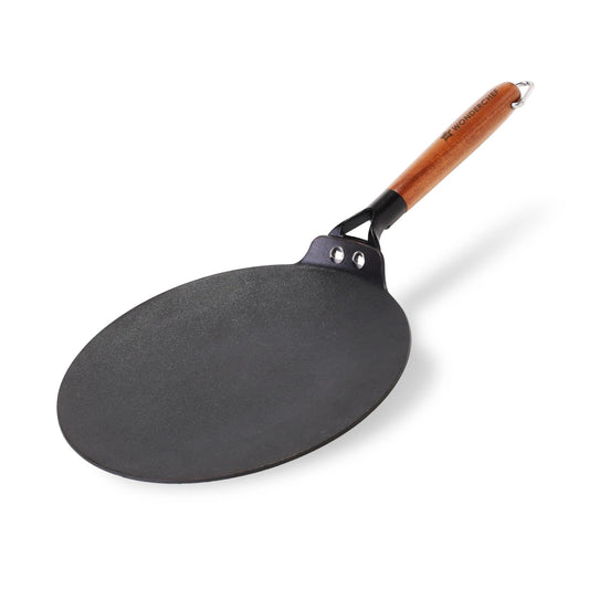 Light Weight Cast Iron Roti Tawa 26 cm Pre-Seasoned Acacia Wood Handles