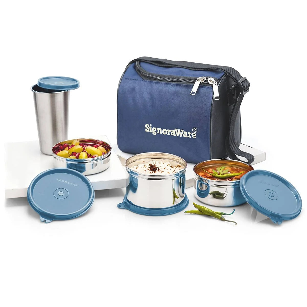 Best Steel Lunch Box with Steel Tumbler E Blue