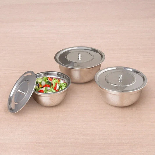 Stainless Steel Mixing Bowl Set with Lids 3 Pieces (0.7L, 1.0L, 1.3L) Food Safe Non-Reactive