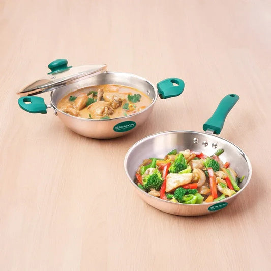 Premium Tri-Ply Cookware Set - Kadai with Glass Lid 22 cm + Frypan 22 cm Induction Gas Compatible 22cm Kadai+22cm Frypan