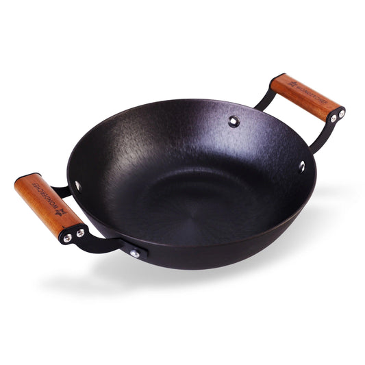 Light Pre-Seasoned Cast Iron Kadhai 28 cm 3.2L with Acacia Wooden Handles
