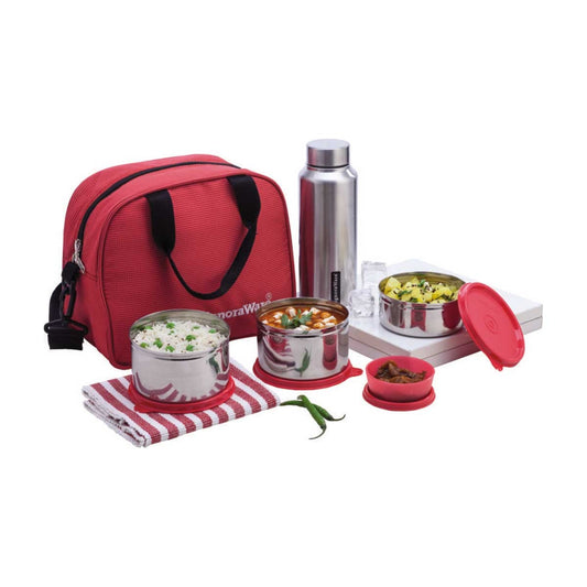 Steel Lunch Box with Steel Bottle Set of 5 Red