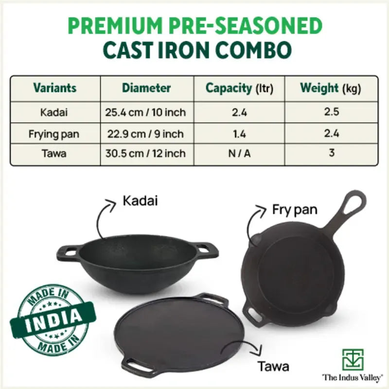 Cast Iron Cookware Set - Tawa + Kadai + Fry Pan + Free Flip