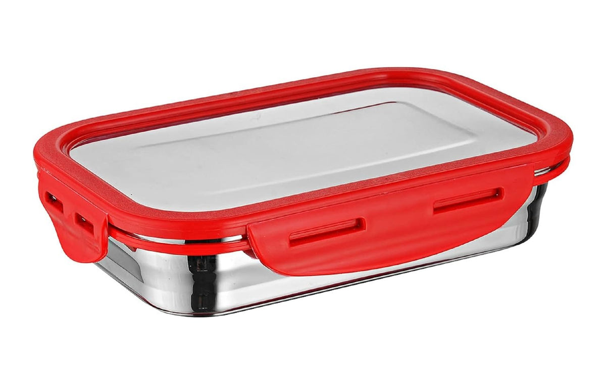 Microsafe Steel Rectangular Container 800 ml with Steel Lid Red