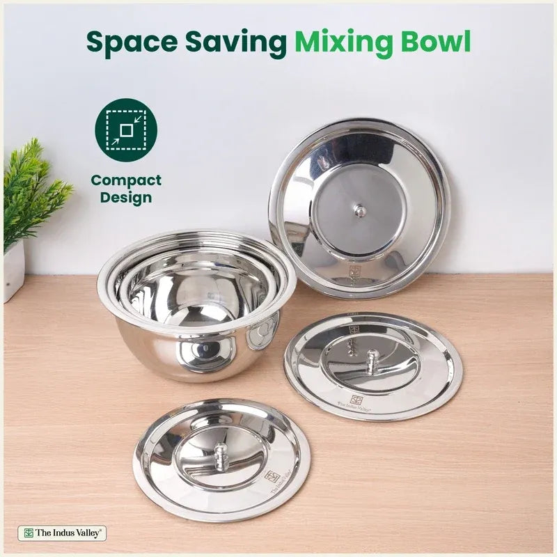 Stainless Steel Mixing Bowl Set with Lids 3 Pieces (0.7L, 1.0L, 1.3L) Food Safe Non-Reactive