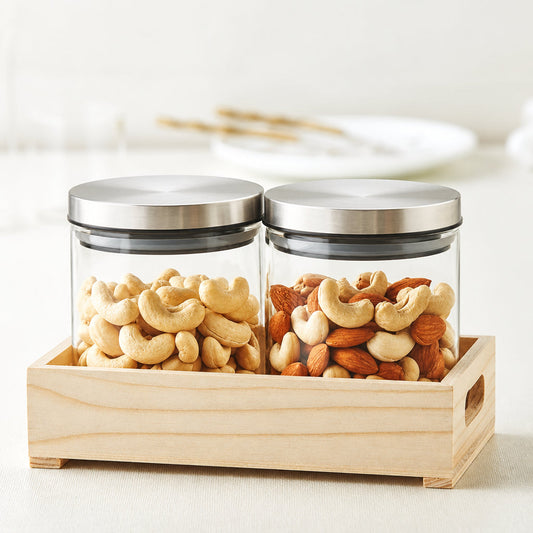 2 Classic Glass Jars with Wooden Tray