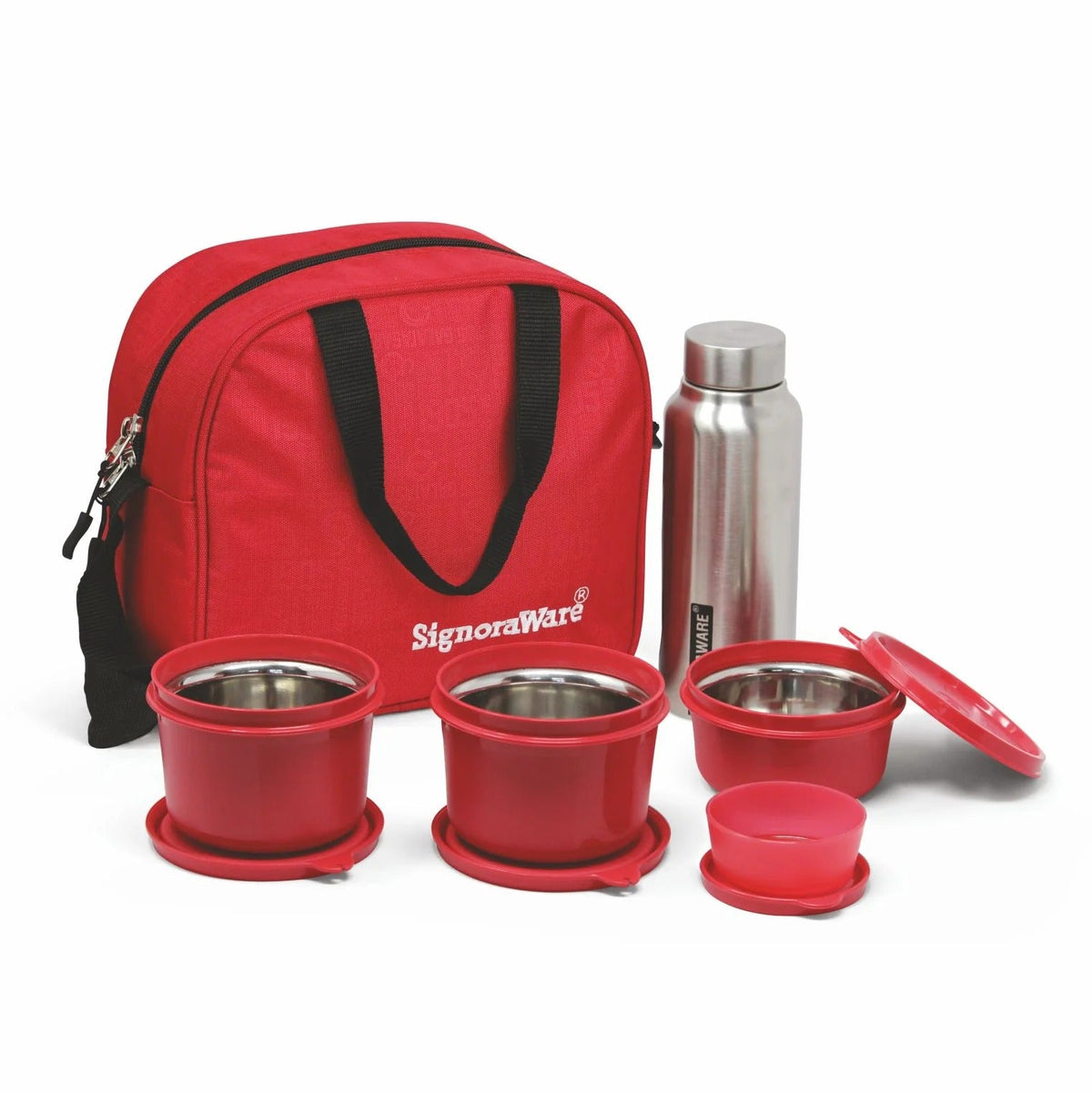 MS Steel Lunch Box with Bottle Red