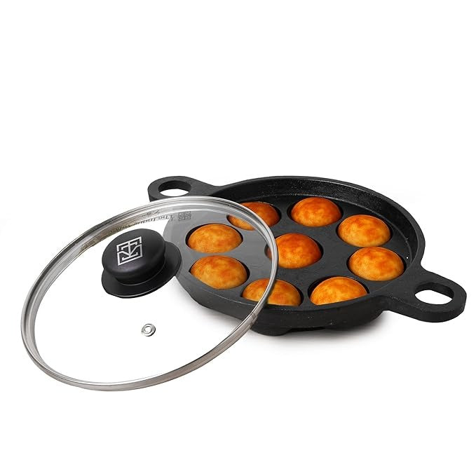 Super Smooth Cast Iron Paniyaram Pan with Glass Lid, 9 Pit, 20.8 cm/8.2 inch, 2.7kg, Gas Compatible