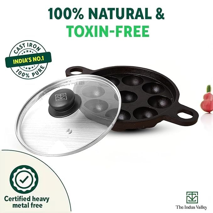 Super Smooth Cast Iron Paniyaram Pan with Glass Lid, 9 Pit, 20.8 cm/8.2 inch, 2.7kg, Gas Compatible