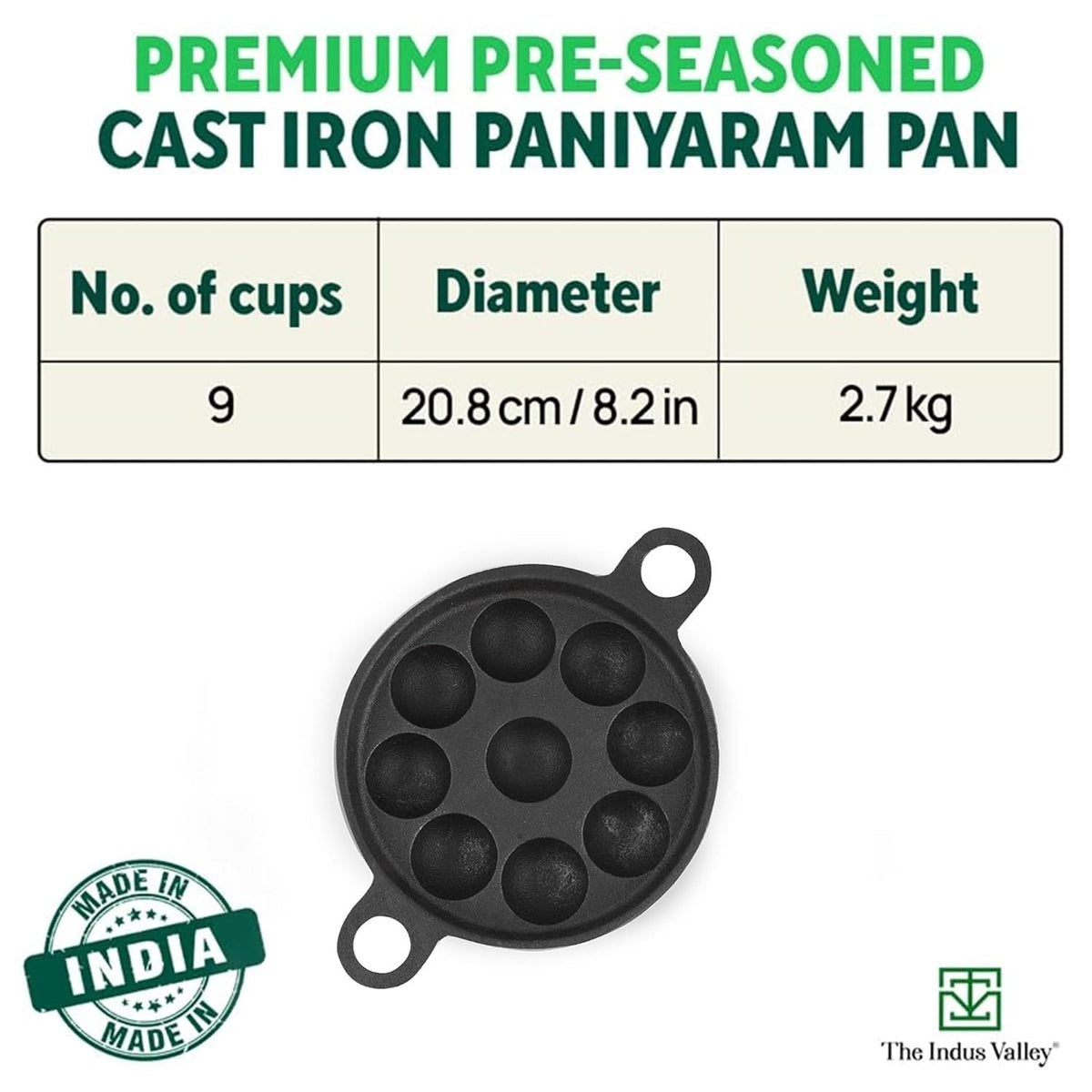 Cast Iron Paniyaram Pan 9 Pit Pre-Seasoned