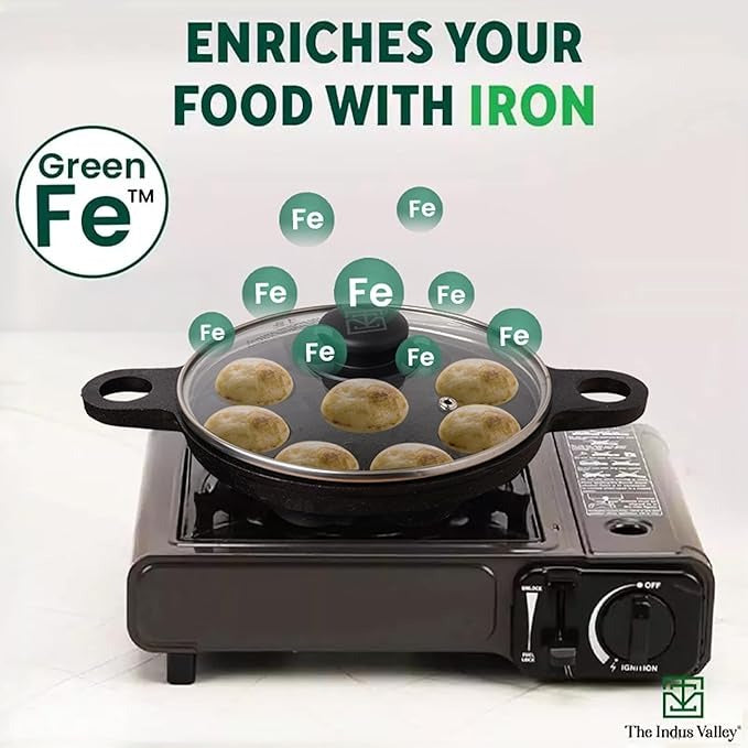 Super Smooth Cast Iron Paniyaram Pan with Glass Lid, 9 Pit, 20.8 cm/8.2 inch, 2.7kg, Gas Compatible