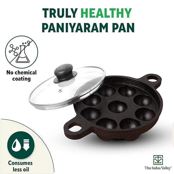 Super Smooth Cast Iron Paniyaram Pan with Glass Lid, 9 Pit, 20.8 cm/8.2 inch, 2.7kg, Gas Compatible
