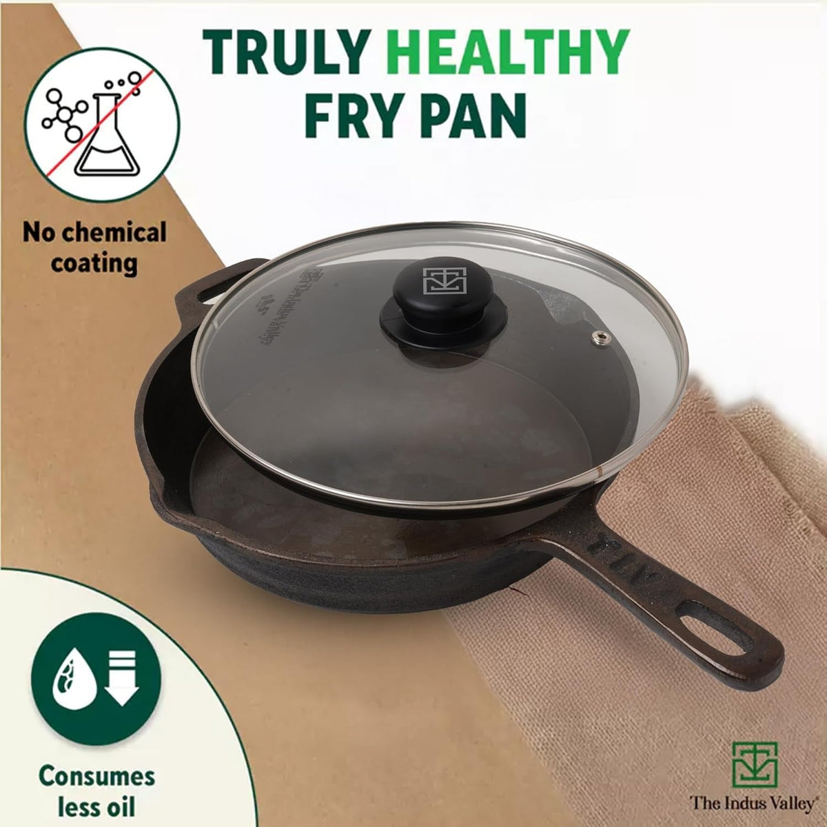 Super Smooth Cast Iron Fry Pan with Glass Lid