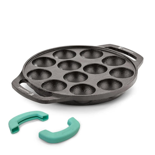 Eco Cast Iron Appam Patra with 12 Pits Pre-Seasoned Induction Compatible with Silicone Sleeves