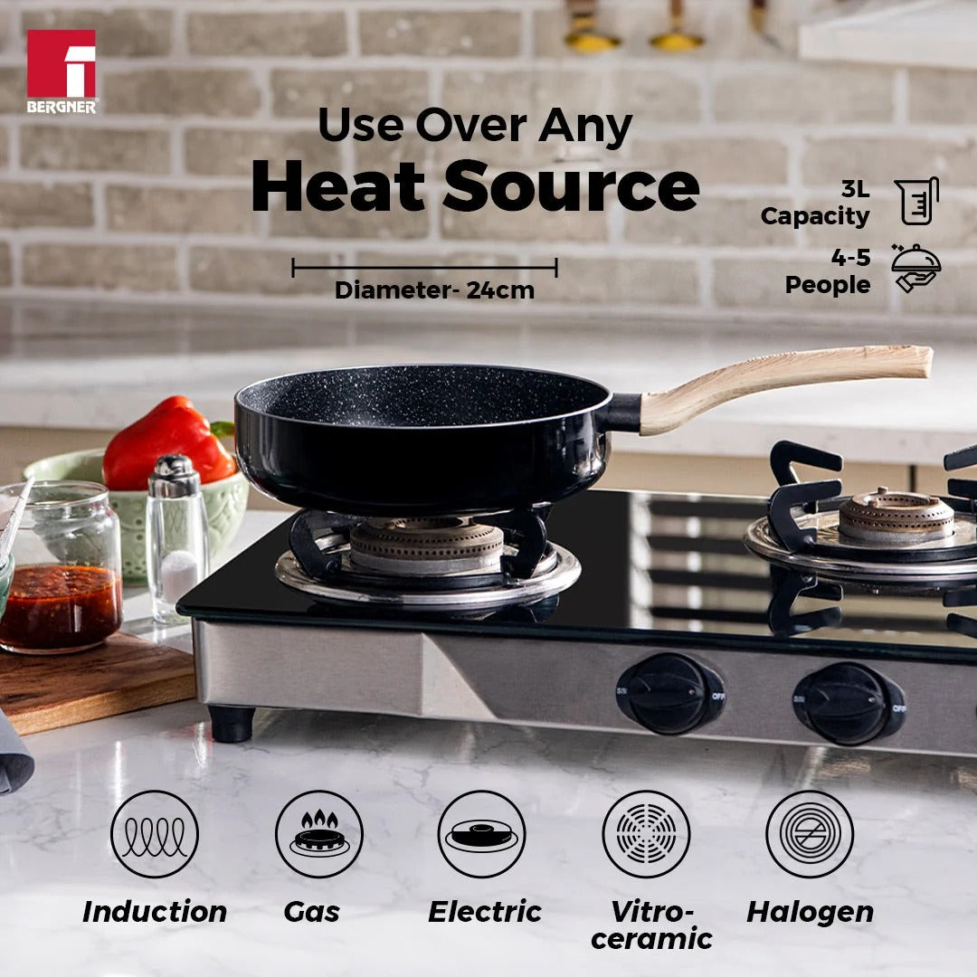 Plus Aura Non-Stick Deep Fry Pan with Lid Induction Black