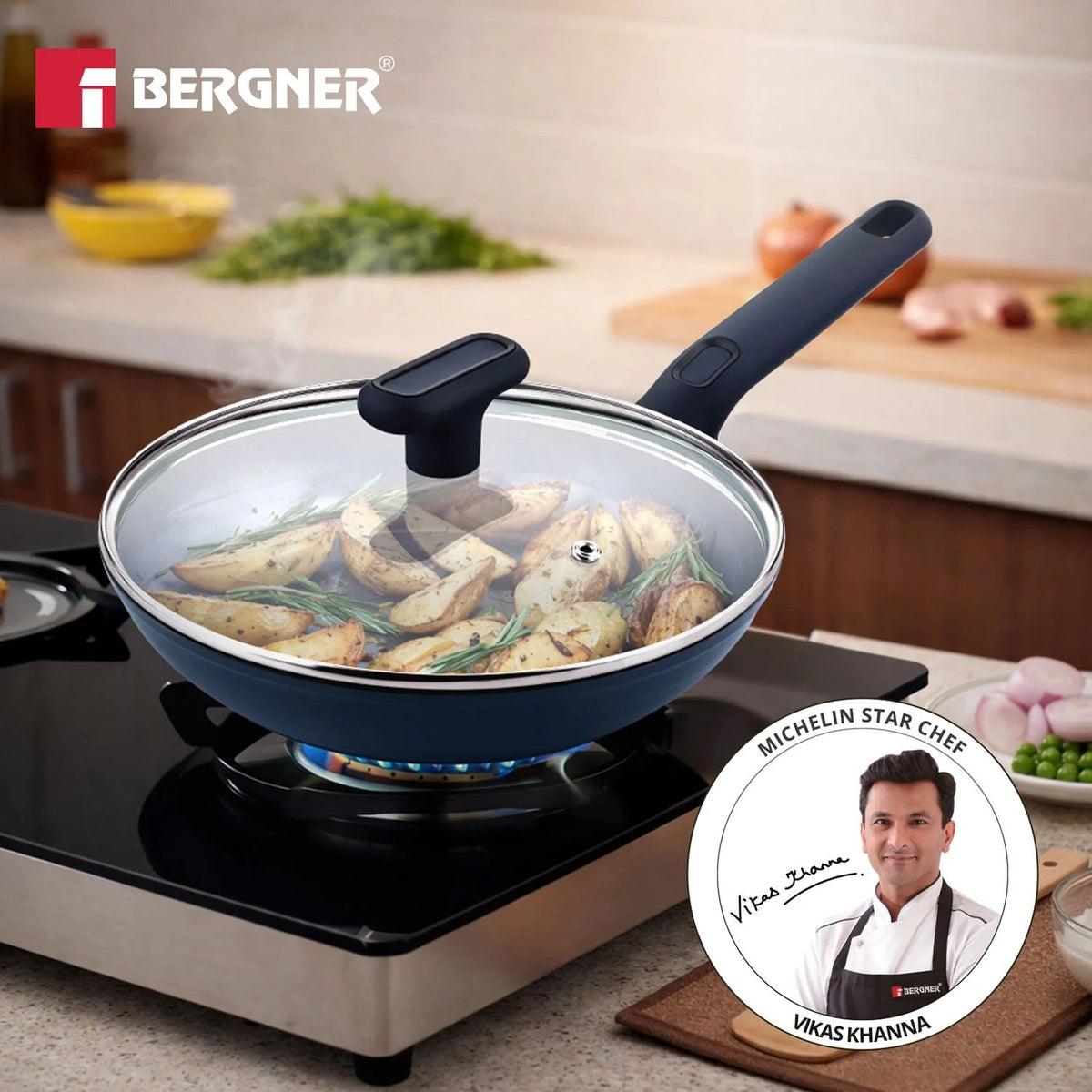 Bergner Jade 24cm Ceramic Non-Stick Fry Pan with Glass Lid Induction