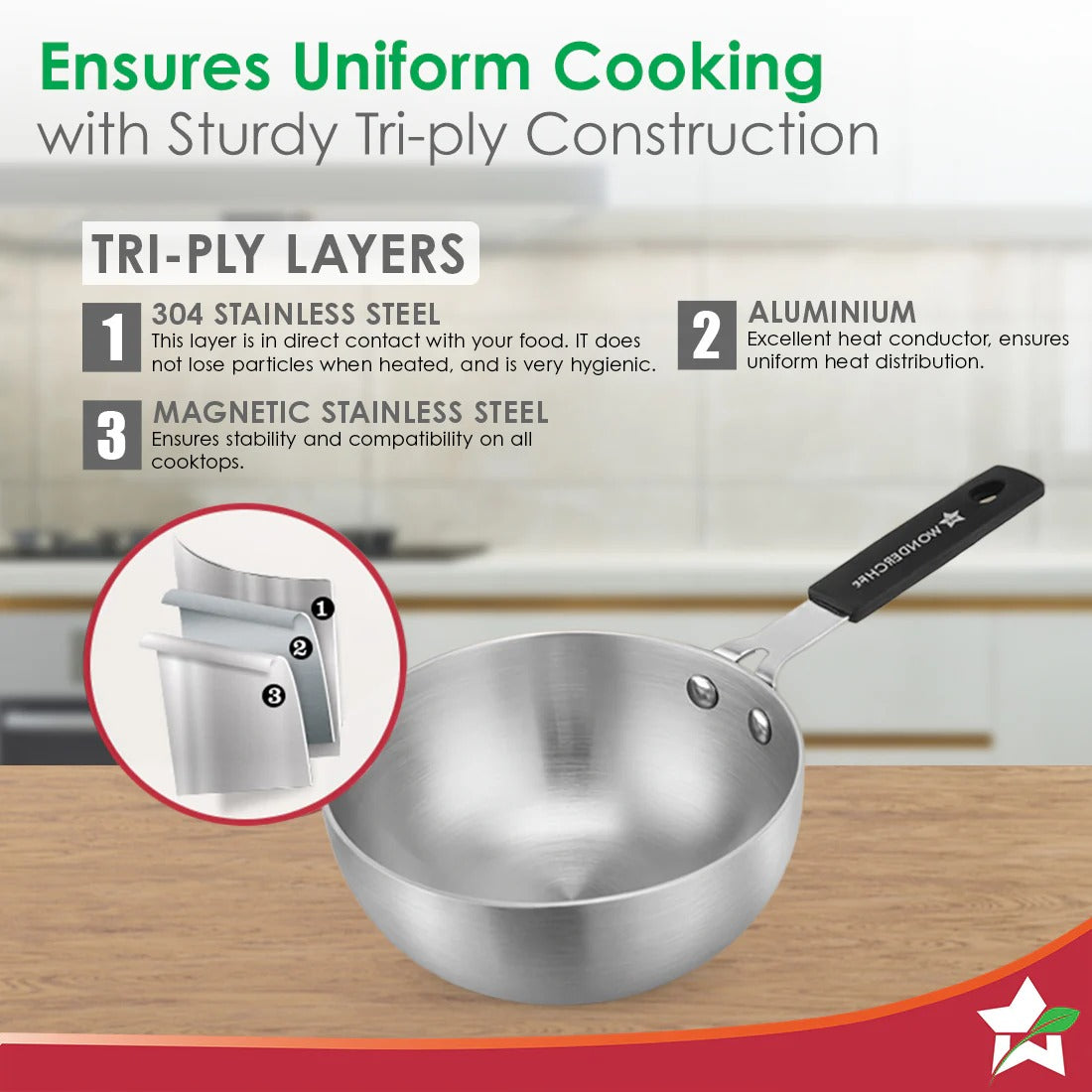 Tri-Ply Stainless Steel Mini Wok Tadka Pan 14 cm 650 ml