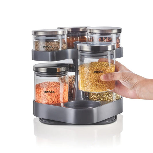 Spin N Store Tray with Airtight Glass Jars Classic Set of 7
