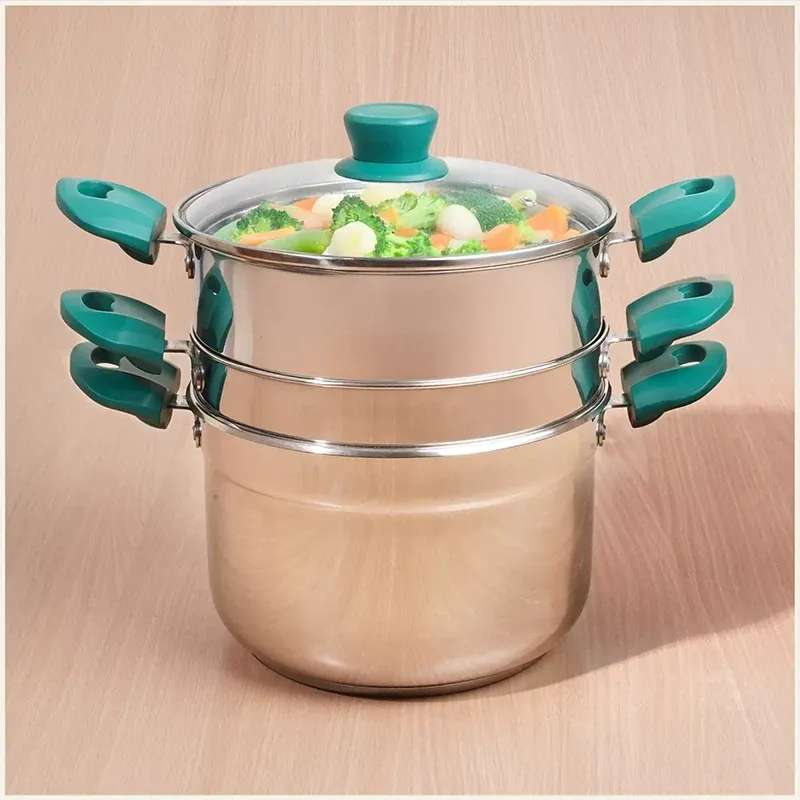 Tri Steel Multi Cooker Pot Stainless Steel Momo Maker Idiyappam Biryani Veg Steaming Set 3 Pots 21 cm