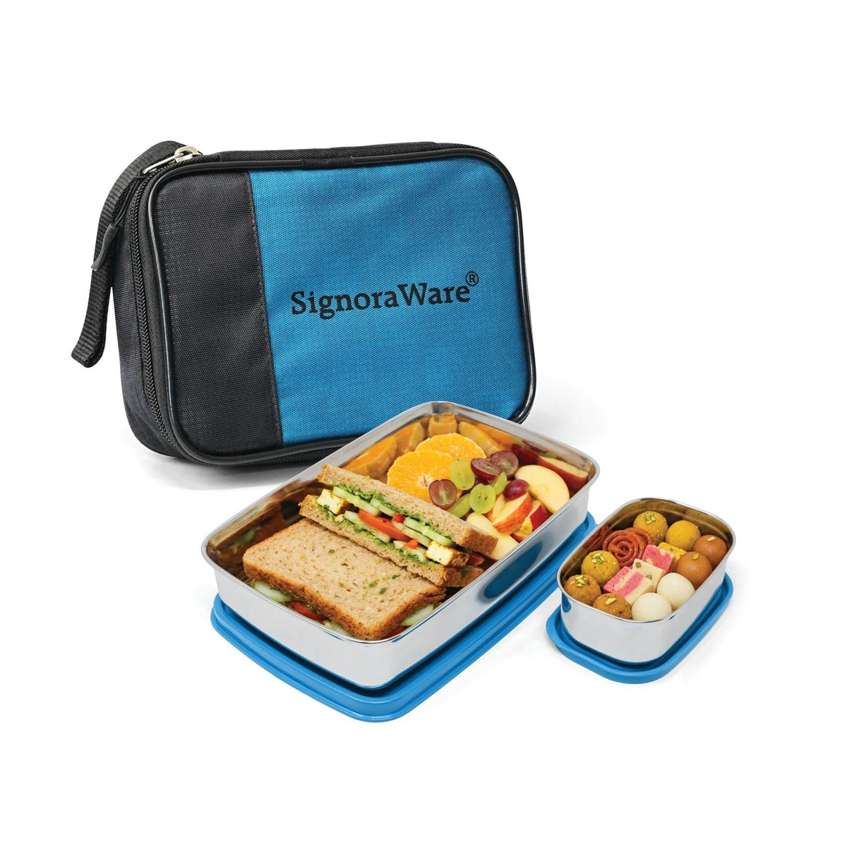 Compact Steel Big Lunch Box with Bag Blue