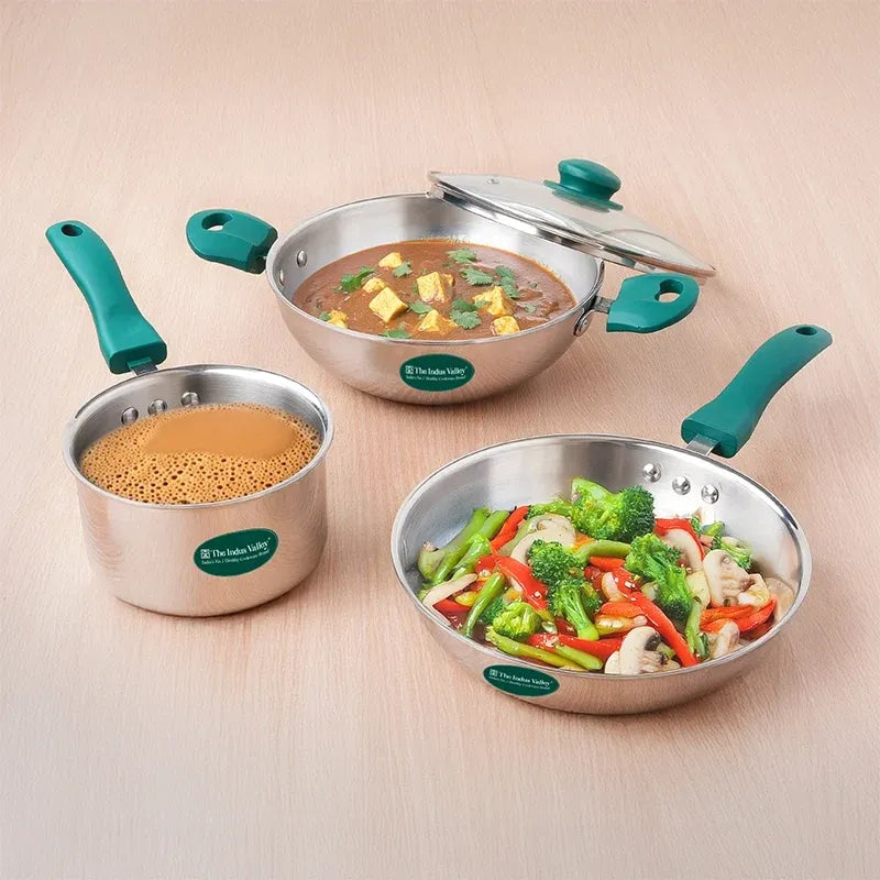 Premium Tri-Ply Cookware Set - Kadai with Glass Lid 22 cm + Frypan 22 cm Induction Gas Compatible 20cm Kadai + 18cm Frypan+14cm Saucepan