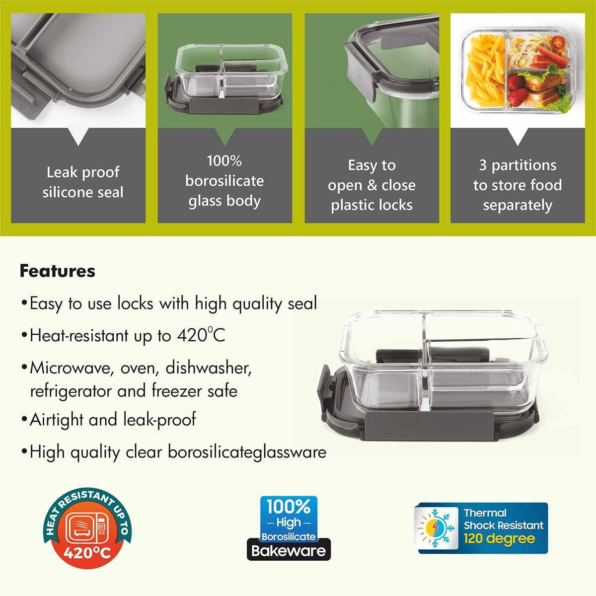 Slim Glass Lunch Box 3 Partitions