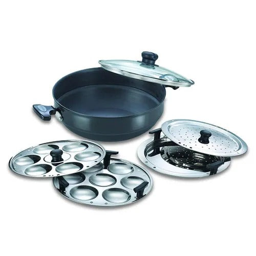 Hard Anodised Induction Base Multi Kadai with Glass Lid, Dhokla Plate, Patra Plate, Idli Plates (Black) 22 cm