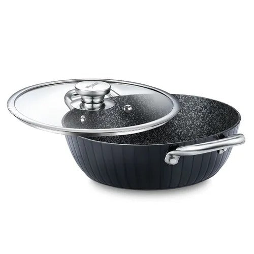Hard Anodised 6 Layer Non Stick Kadai with Glass Lid (Black) 24 cm