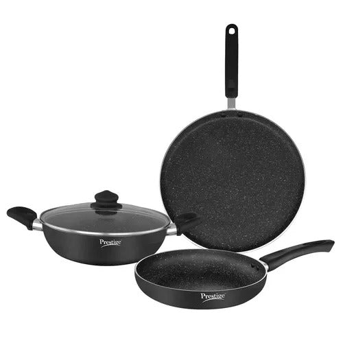 Granite Aluminium 3 Piece Kitchen Set - Fry Pan 24 cm, Tawa 25 cm, Kadai with Glass Lid 24 cm (Black)
