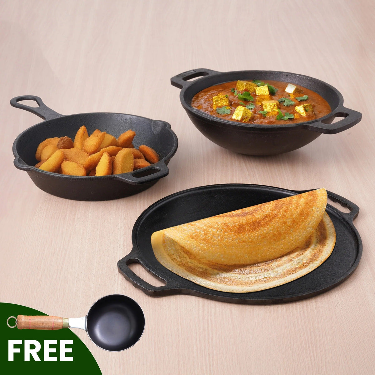 Cast Iron Cookware Set - Tawa + Kadai + Fry Pan + Free Flip