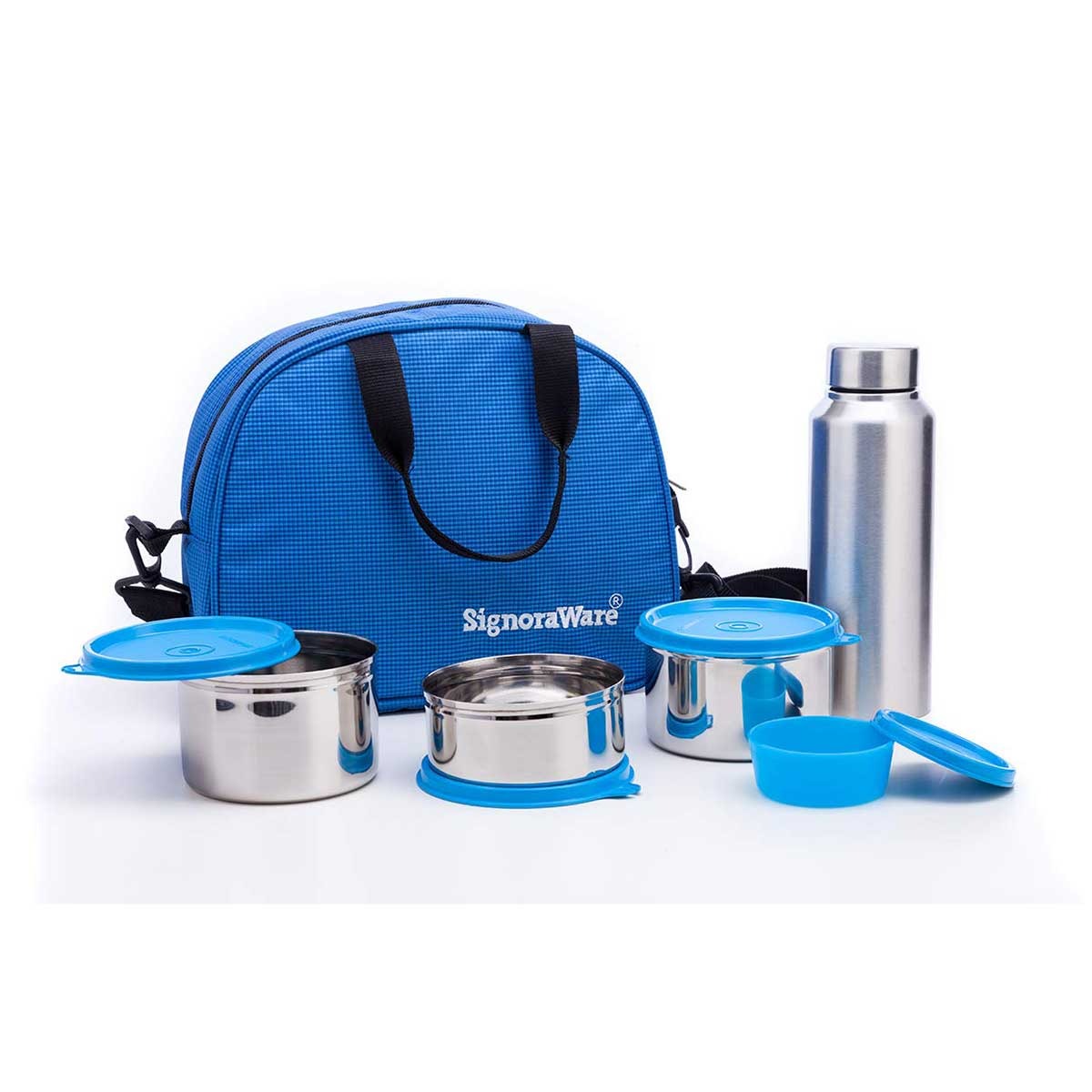 Steel Lunch Box with Steel Bottle Set of 5 Blue